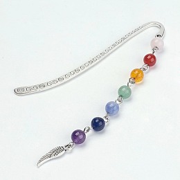 Honeyhandy Tibetan Style Alloy Bookmarks, with Mixed Gemstone Beads, Chakra Theme, Wing, Antique Silver, 83.5x13x1.5mm