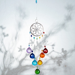 Honeyhandy Crystals Chandelier Suncatchers Prisms Chakra Hanging Pendant, with Iron Cable Chains & Links, Glass Beads and Rhinestone, Flar Round, Platinum, 450mm