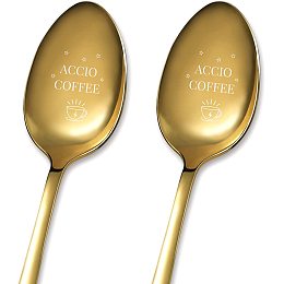 GLOBLELAND 2Pcs Accio Coffee Spoon with Gift Box Golden Stainless Steel Table Spoons for Friends Families Festival Christmas Birthday Wedding, 7.2''