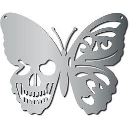 CREATCABIN Skull Metal Wall Art Butterfly Decor Wall Hanging Plaques Ornaments Iron Wall Art Sculpture Sign for Indoor Outdoor Home Livingroom Kitchen Garden Decoration Gift Silver 6.3 x 7.9 Inch