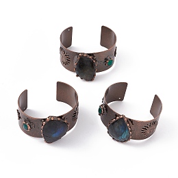 Honeyhandy Natural Labradorite Open Cuff Bangles, Brass Jewelry for Women, Cadmium Free & Lead Free, Red Copper, Inner Diameter: 2-3/8x1-3/4 inch(6~6.1x4.5~4.6cm)