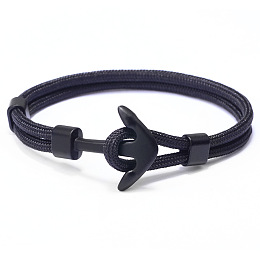 Honeyhandy Polyester Cord Multi-strand Bracelets, with Alloy Anchor Clasps, Gunmetal, Black, 21cm