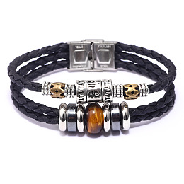 Honeyhandy Leather Multi-strand Bracelets, with Tiger Eye, Synthetic Hematite, Alloy Findings and Stainless Steel Clasps, 8-1/8 inch(20.5cm), 13mm