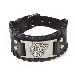 Honeyhandy Full Grain Leather Cord Bracelets, with Alloy Link and Watch Band Clasps, Rectangle with Wolf Head, Antique Silver, 10-3/4 inch(27.3cm), 39x8mm