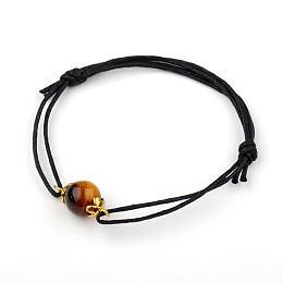 Honeyhandy Gemstone Adjustable Link Bracelets, with Alloy Bead Caps and Waxed Cotton Cord, Antique Golden, Tiger Eye, 43~75mm