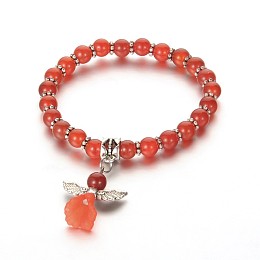 Honeyhandy Trendy Natural Carnelian(Dyed & Heated) Beaded Acrylic Charm Bracelets, with Tibetan Style Alloy Beads, Lovely Wedding Dress Angel Dangle, 48mm