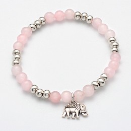 Honeyhandy Natural Rose Quartz Beaded Elephant Charm Stretch Bracelets, with Antique Silver Alloy Findings, 53mm