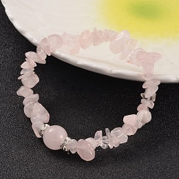 Honeyhandy Chips Natural Rose Quartz Beaded Stretch Bracelets, with Brass Rhinestone Findings, Silver Color Plated, 59mm