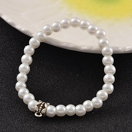 Honeyhandy Round Glass Pearl Beaded Stretch Bracelets, with Tibetan Style Alloy Tube Bails, Antique Silver, White, 48mm