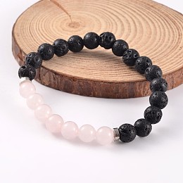 Honeyhandy Natural Lava Rock Beaded Stretch Bracelets, with Rose Quartz Beads and Brass Findings, Platinum, 58mm