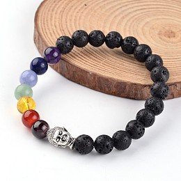 Honeyhandy Buddha Head Natural Lava Rock Beaded Chakra Stretch Bracelets, with Gemstone Beads and Tibetan Style Alloy Beads, 53mm