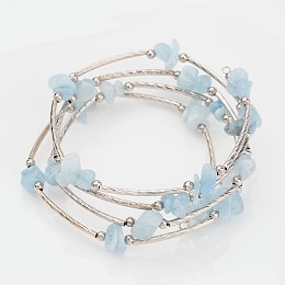 Honeyhandy Four Loops Natural Aquamarine Beaded Wrap Bracelets, with Brass Tube Beads and and Steel Memory Wire, Inner Diameter: 2-1/4 inch(5.6cm)