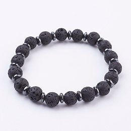 Honeyhandy Natural Lava Rock Stretch Bracelets, with Non-Magnetic Synthetic Hematite Spacer Beads, 2-1/8 inch~2-3/8 inch(55~60mm)