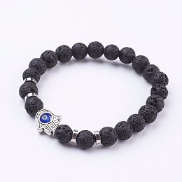 Honeyhandy Natural Lava Rock Stretch Bracelets, with Tibetan Style Frame Links and Evil Eye Lampwork Round Bead, Hamsa Hand/Hand of Fatima/Hand of Miriam, 2-1/8 inch(54mm)