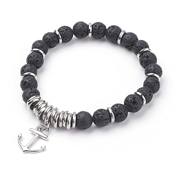 Honeyhandy Natural Lava Rock Charm Bracelets, with Alloy Anchor Pendants and CCB Plastic Beads, Platinum, 2-1/8 inch(53mm)