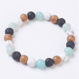 Honeyhandy Natural Flower Amazonite Stretch Bracelets, with Natural Howlite & Lava Rock and Sandalwood Beads, Round, 2-1/8 inch(5.5cm), Bead: 8~8.5mm