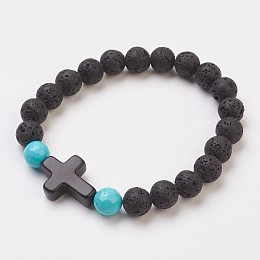 Honeyhandy Synthetic Turquoise(Dyed) Beads Stretch Bracelets, with Natural Lava Rock Beads, Round and Cross, 2 inch(5.1cm)