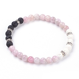 Honeyhandy Natural Kunzite Stretch Bracelets, with Dyed Natural Lava Rock(Dyed) Beads and Rhinestone Spacer Beads, 2-1/8 inch(5.5cm)