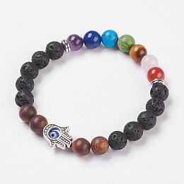 Honeyhandy Chakra Jewelry, Natural Lava Rock Stretch Bracelets, with Natural & Synthetic Mixed Stone and Sandalwood, Evil Eye Lampwork and Alloy Findings, Hamsa Hand, Burlap Packing, 2 inch(5.2cm)