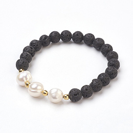 Honeyhandy Natural Lava Rock Beads Stretch Bracelets, with Pearl Beads, 2-1/8 inch(5.5cm)