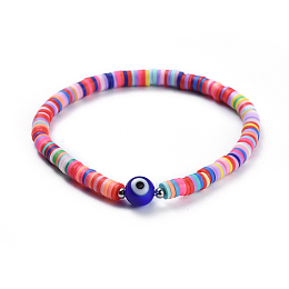 Honeyhandy Handmade Polymer Clay Braided Bead Bracelets, with Handmade Evil Eye Lampwork Beads, Brass Bead Spacers and Nylon Thread, Colorful, 2-1/8 inch(5.3cm)