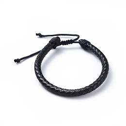 Honeyhandy Adjustable Leather Cord Braided Bracelets, with Nylon Thread Cord, Burlap Paking Pouches Drawstring Bags, Black, 2 inch~2-7/8 inch(5.1~7.2cm), 6mm