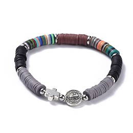 Honeyhandy Polymer Clay Heishi Beads Beads Stretch Bracelets, with Tibetan Style Alloy Beads, Brass Spacer Beads and 304 Stainless Steel Smooth Round Spacer Beads, Gray, 2-1/4 inch(5.6cm), 6mm