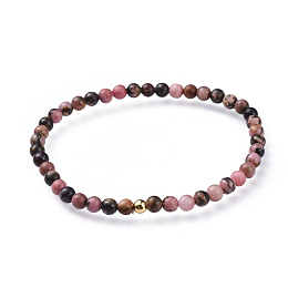 Honeyhandy Natural Rhodonite Stretch Bracelets, with Brass Beads, Round, Golden, 2-1/8 inch(5.3cm)