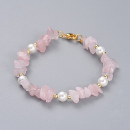 Honeyhandy Natural Rose Quartz Chip Beaded Bracelets, with Shell Pearl Round Beads, Brass Beads and 304 Stainless Steel Lobster Claw Clasps, 7-1/4 inch(18.5cm)