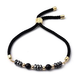 Honeyhandy Adjustable Slider Bracelets, Nylon Cord Bracelets, with Natural Black Agate(Dyed & Heated) Beads, Non-Magnetic Synthetic Hematite Beads and Brass Beads, Golden, Inner Diameter: 3/4 inch~3-1/8 inch(2~8cm)