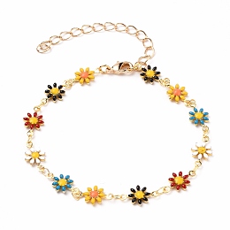 Honeyhandy Golden Brass Flower Enamel Links Bracelets, with Brass Curb Chains & Lobster Claw Clasps, Colorful, 7-1/4 inch(18.5cm)