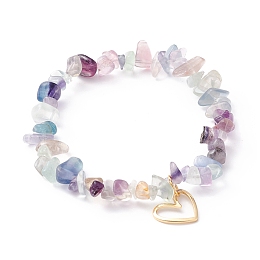 Honeyhandy Natural Fluorite Chip Beads Stretch Bracelet, Heart Charm Bracelet for Valentine's Day, Golden, Inner Diameter: 2 inch(5.1cm)