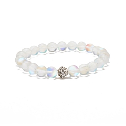 Honeyhandy Synthetic Moonstone Round Beaded Stretch Bracelet with Rhinestone, Gemstone Jewelry for Women, Clear, Inner Diameter: 2-1/4 inch(5.8cm)