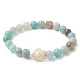 Honeyhandy Natural Flower Amazonite Round & Synthetic Turquoise Turtle Beaded Stretch Bracelet for Women, Inner Diameter: 2-1/8 inch(5.5cm)