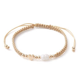 Honeyhandy Brass & Natural Pearl Braided Bead Bracelets, Adjustable Bracelet, Heart, Inner Diameter: 1-3/4~3-1/2 inch(4.6~8.8cm)