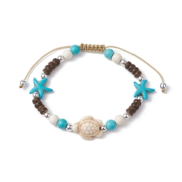 Honeyhandy Starfish & Tortoise Synthetic Turquoise Braided Bead Bracelet, Nylon Cord Adjustable Bracelets, Floral White, Inner Diameter: 2-1/8~3-1/8 inch(5.45~7.8cm)