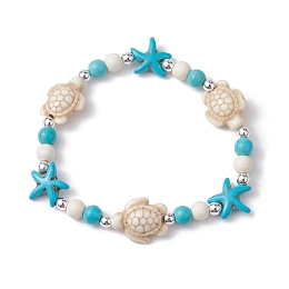 Honeyhandy Turtle & Starfish Synthetic Turquoise Beaded Stretch Bracelet, Floral White, Inner Diameter: 2-1/4 inch(5.6cm)