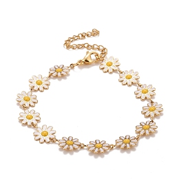 Honeyhandy Enamel Daisy Link Chains Bracelet, Vacuum Plating 304 Stainless Steel Jewelry for Women, Golden, White, 7-1/4 inch(18.4cm)