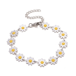 Honeyhandy Enamel Daisy Link Chains Bracelet, 304 Stainless Steel Jewelry for Women, Stainless Steel Color, White, 7-1/4 inch(18.4cm)