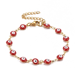 Honeyhandy Enamel Oval with Evil Eye Link Chains Bracelet, PVD Vacuum Plating 304 Stainless Steel Jewelry for Women, Golden, Red, 6-1/2 inch(16.5cm)