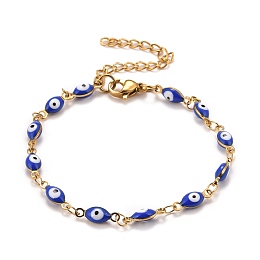 Honeyhandy Enamel Horse Eye Link Chains Bracelet, Vacuum Plating 304 Stainless Steel Jewelry for Women, Golden, Blue, 6-3/4 inch(17.1cm)