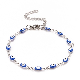 Honeyhandy Enamel Horse Eye Link Chains Bracelet, 304 Stainless Steel Jewelry for Women, Stainless Steel Color, Blue, 6-3/4 inch(17.1cm)