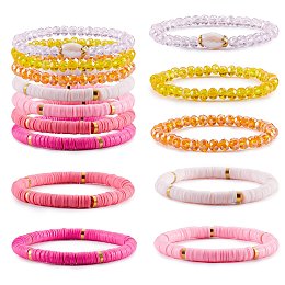 Honeyhandy 7Pcs 7 Style Handmade Polymer Clay Heishi Surfer Stretch Bracelets Set, Glass Beads Bracelets, Stackable Preppy Bracelets for Women, Pink, Inner Diameter: 2-1/8 inch(5.3cm), 1Pc/style