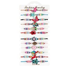 Honeyhandy 12Pcs 12 Style Flamingo & Butterfly & Starfish & Hamsa Hand with Evil Eye & Flower Alloy Link Braided Bead Bracelets Set, Polymer Clay Beaded Stackable Bracelets for Children, Mixed Color, 7-7/8 inch(20cm), 1Pc/style