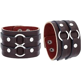 AHANDMAKER PU Wrap Cord Bracelet, Alloy Double Ring Link Wide Wristband with Iron Clasp for Men Women