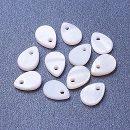 Honeyhandy Natural White Shell Mother of Pearl Shell Charms, teardrop, 8~9x6~7x1.5mm, Hole: 1mm