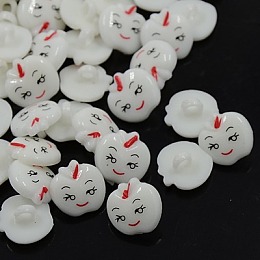 Honeyhandy Acrylic Shank Buttons, 1-Hole, Dyed, Apple with Smile Face, White, 14x13x3mm, Hole: 3mm