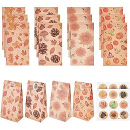 BENECREAT 24Pcs Thanksgiving Gift Bags with Round Stickers, 4 Styles Fall Theme Paper Gift Bags Rectangle Kraft Paper Candy Pouches for Party Favor Gift, 4.7x3x8.78inch