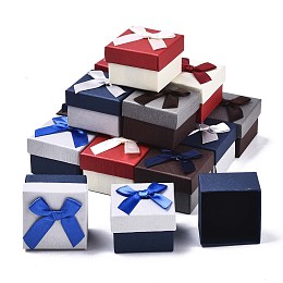 Honeyhandy Cardboard Ring Boxes, with Bowknot Ribbon Outside and Black Sponge Inside, Square Jewelry Gift Boxes, Mixed Color, 5~5.3x5~5.3x3.8~4cm