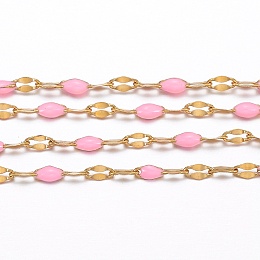 Honeyhandy Ion Plating(IP) 304 Stainless Steel Link Chains, with Spool, with Enamel, Soldered, Pearl Pink, 4~10x2x0.4~2mm, about 32.8 Feet(10m)/roll